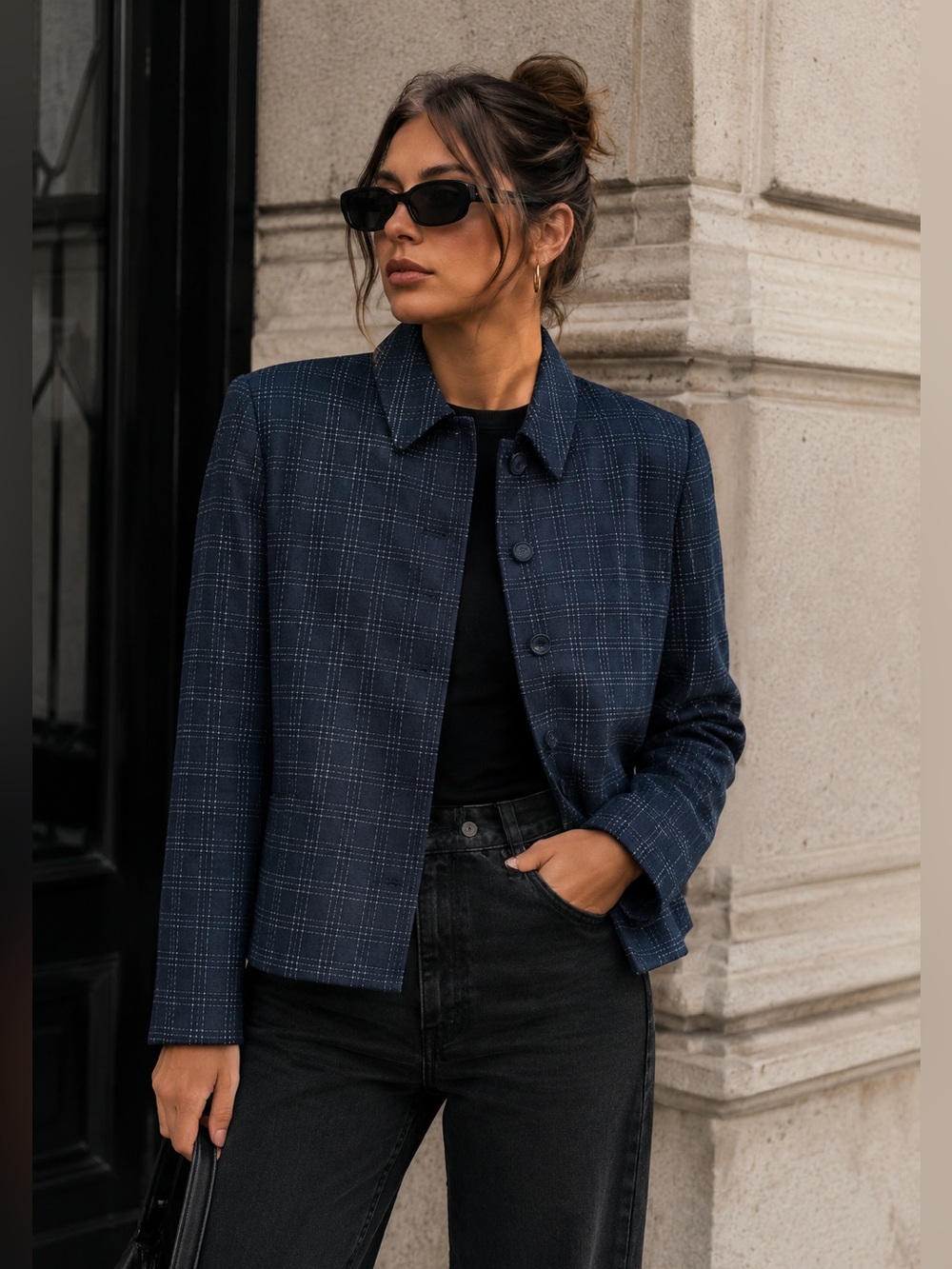 Rafael Navy Plaid Blazer Size 12 Structured Button Front Career Jacket
